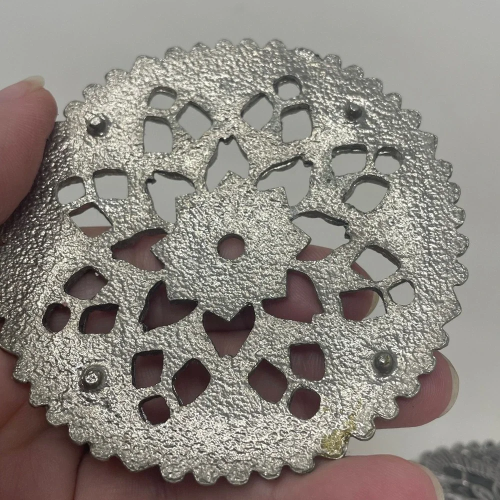 Vintage Silver Metal Filigree Mandala Coasters Set of 2 Ornate Boho Trivets 3in